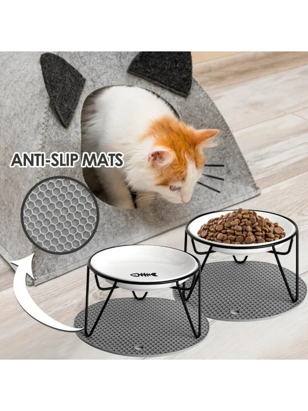 Elevated Cat Bowls Set - Ceramic Dishes with Metal Stand, Whisker Friendly